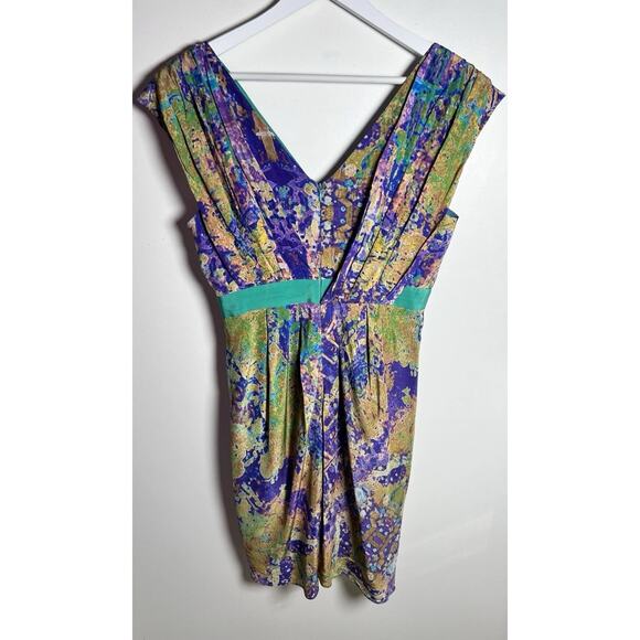 Tibi New York‎ Size 8 100% Silk Dress V-Neck Faux Wrap Teal Watercolor Dress - Picture 3 of 10